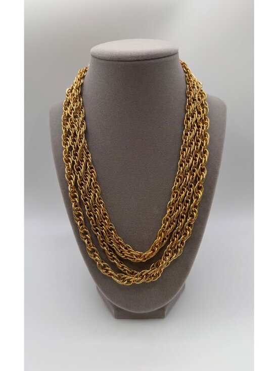 Unsigned Jewelry - Vintage Gold Tone Multi 4 Strand Chain Necklace Heavy Layered Statement